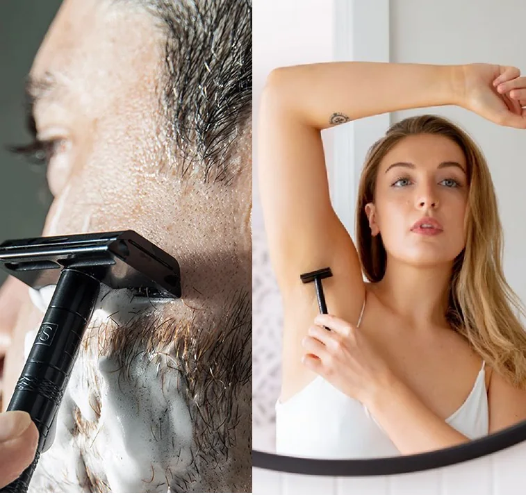 Man shaving his face and woman shaving her underarm with Henson safety razors